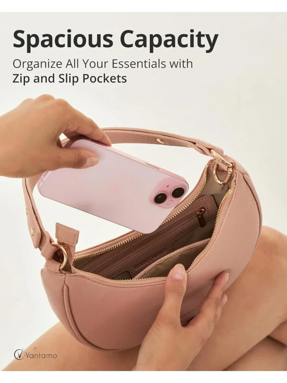 Vantamo Women's Bag Blush Half Moon Clutch with Anti-Theft Clip for Extra Safety